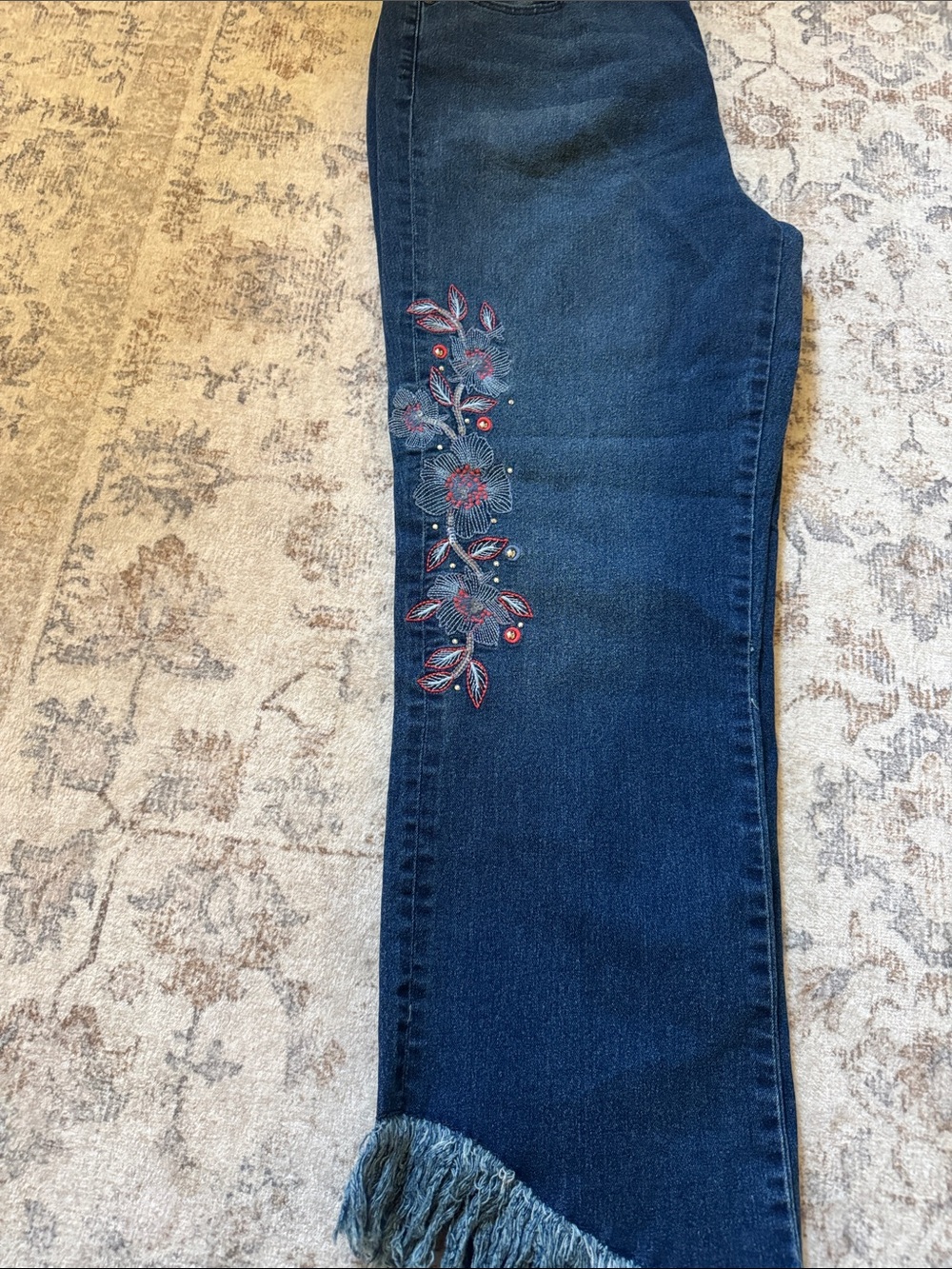 DG2 by Diane Gilman Dark Blue Embroidered Fringe Hem Cropped Jeans. 25 Inseam - Picture 5 of 5